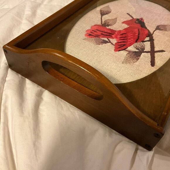 Vintage Cardinal Glass Topped Wood Needlepoint Tray with Handles by Three Mounta - Picture 6 of 11